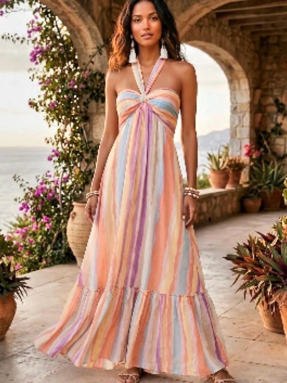 Lulus Pastel Multi-Stripe Halter Maxi Dress sz xs NWT and gorgeous!